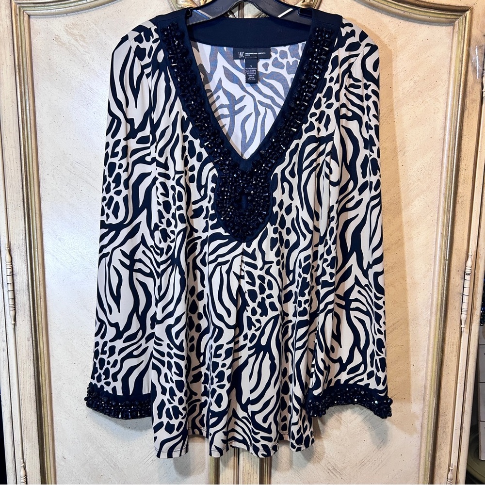 INC Black & Cream Embellished Beaded Jeweled V Neck Animal Print Blouse